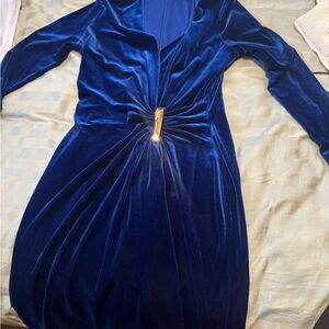 Calvin Klein Deep Royal Blue Velvet Twist-Front Long Sleeve Dress